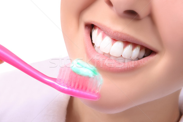 刷牙 佳人 女孩 微笑 面對 商業照片 © nruboc