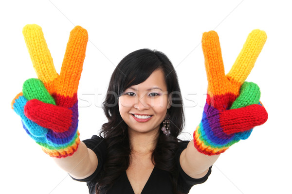 Fericit femeie pace semna asiatic curcubeu Imagine de stoc © nruboc
