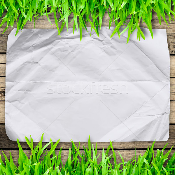 crumpled paper on  Green grass with wooden board and copyspace f Stock photo © nuiiko