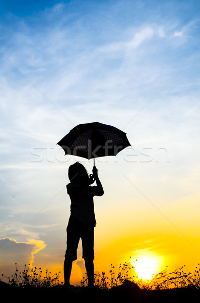 Bemozdulás ugrik esernyő lány naplemente sziluett Stock fotó © nuiiko