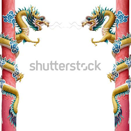 Stock photo: Twin Chinese Dragon Wrapped around red pole on Black