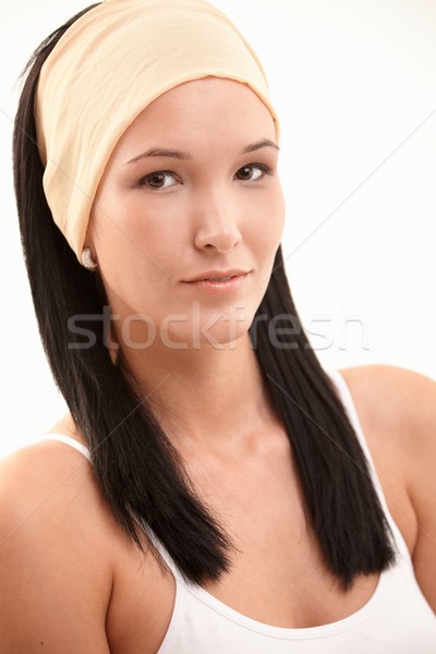 Portré csinos fiatal nő mosolyog kamera visel Stock fotó © nyul