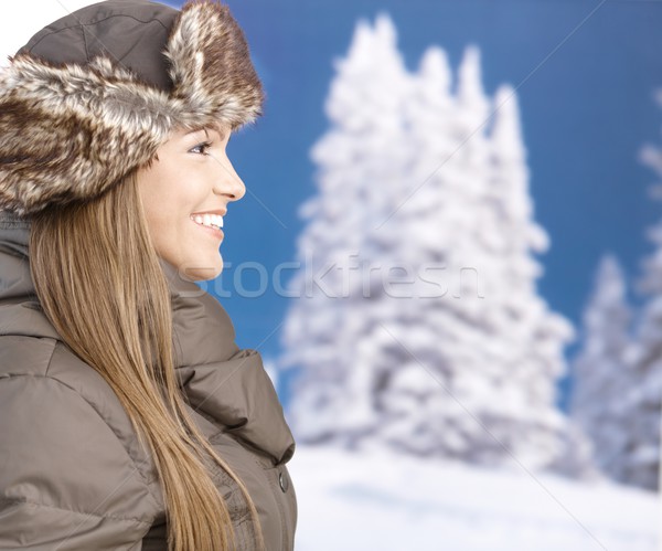 Young woman front of winter landscape smiling Stock photo © nyul