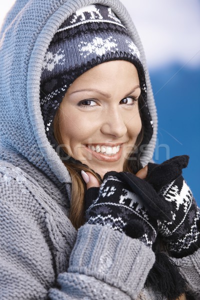 Ziemlich Skifahrer genießen Winter lächelnd anziehend Stock foto © nyul