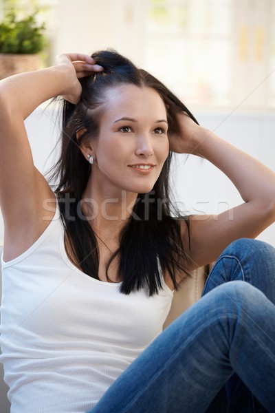 Fiatal nő fut ujjak haj portré derűs Stock fotó © nyul