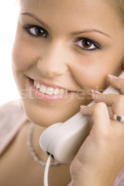 [[stock_photo]]: Service · clients · heureux · jeunes · fille · appelant · téléphone
