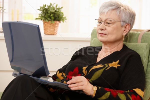 Foto stock: Senior · mulher · usando · laptop · computador · casa · sessão