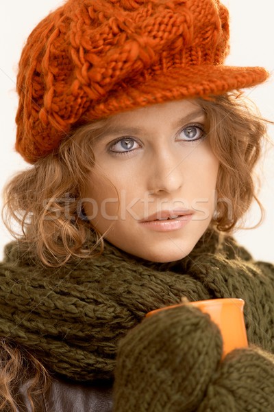 Pretty girl dressed up warm drinking coffee Stock photo © nyul