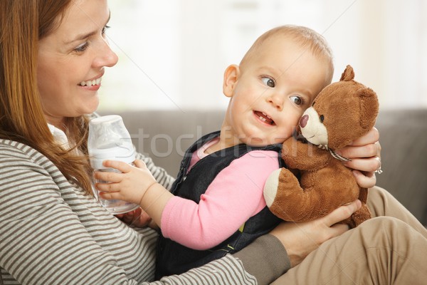 Boldog anyu baba plüssmaci kislány nevet Stock fotó © nyul