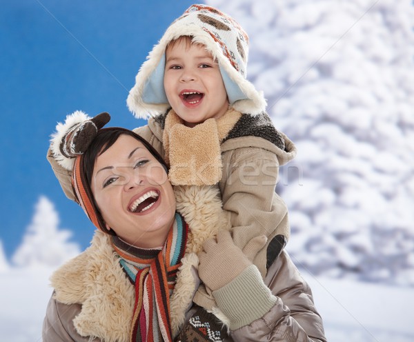 Stock foto: Mutter · Kind · Winter · Porträt · glücklich · zusammen