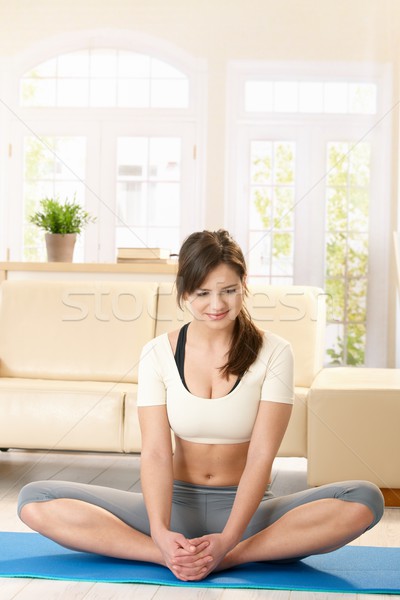 Stock fotó: Fiatal · nő · testmozgás · kék · padló · fényes · nappali