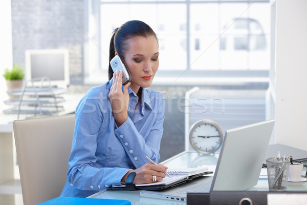 Geschäftsfrau Telefongespräch Handy rufen Notizen Computer Stock foto © nyul