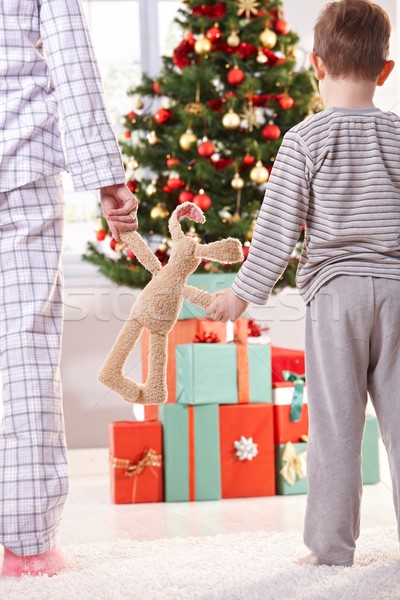 Stock photo: Mum, little son and toy bunny at christmas 