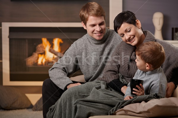 商業照片: 幸福的家庭 · 家 · 坐在 · 榻 · 壁爐 · 微笑