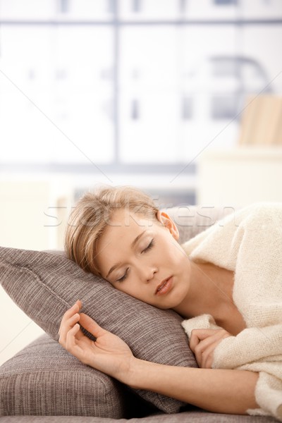 Fiatal nő alszik kanapé otthon fedett pléd Stock fotó © nyul