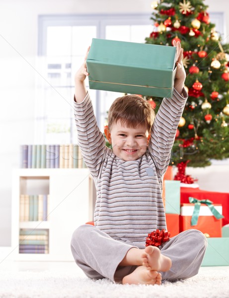 Cute kid raising christmas gift high Stock photo © nyul