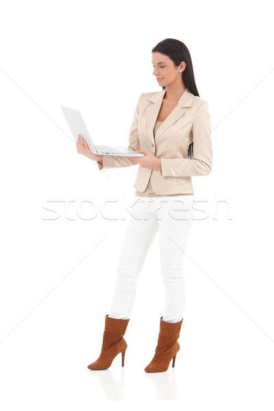 Stockfoto: Modieus · vrouw · laptop · permanente · hand · glimlachend