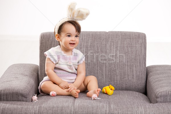 Baby girl with toy chicken and eggs Stock photo © nyul