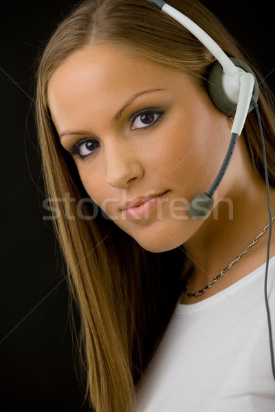 [[stock_photo]]: Service · clients · fille · jeunes · heureux · belle · opérateur