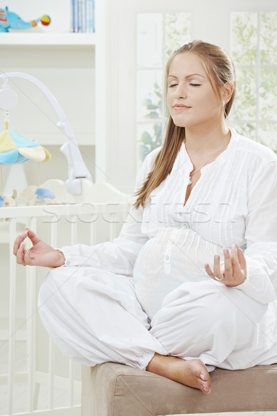 Stock fotó: Terhes · nő · jóga · pozició · ül · új · otthon