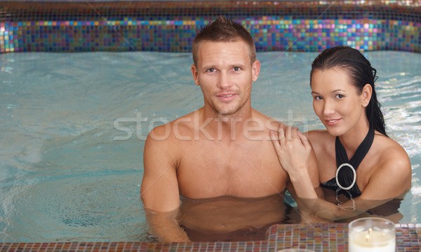 Сток-фото: любящий · пару · плаванию · портрет · Бассейн · улыбаясь