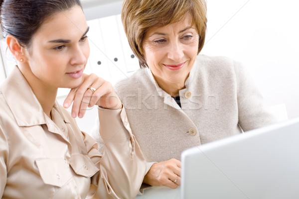 Geschäftsfrauen Laptop schauen Bildschirm zusammen lächelnd Stock foto © nyul