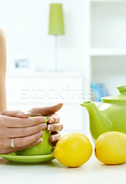 Weiblichen Hände halten Teetasse Tabelle grünen Stock foto © nyul