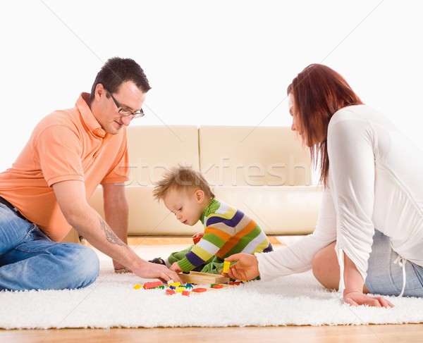 Foto stock: Familia · jugando · casa · bebé · nino · año