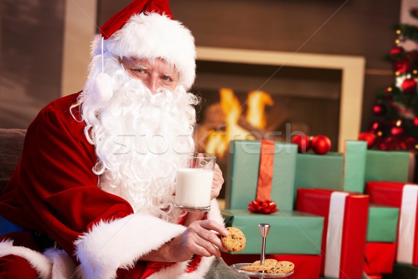 Stockfoto: Kerstman · melk · chocolade · chip · cookies · gelukkig
