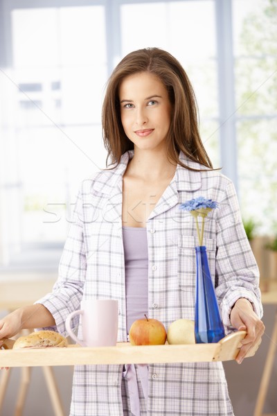 Mooie vrouw ontbijt dienblad portret home naar Stockfoto © nyul