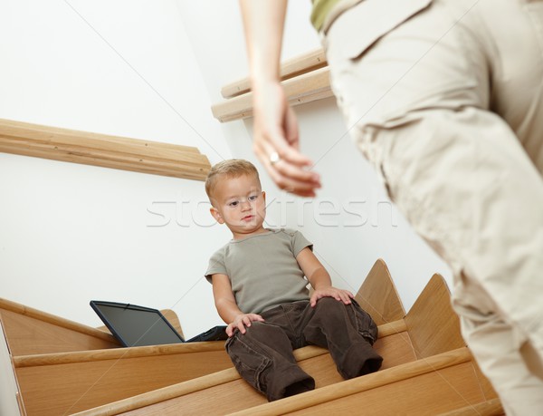 Küçük erkek oturma merdiven endişeli anne Stok fotoğraf © nyul
