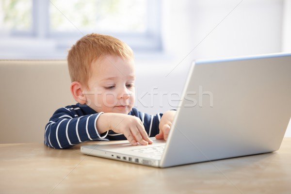 Stockfoto: Weinig · zakenman · met · behulp · van · laptop · jongen · home · vergadering