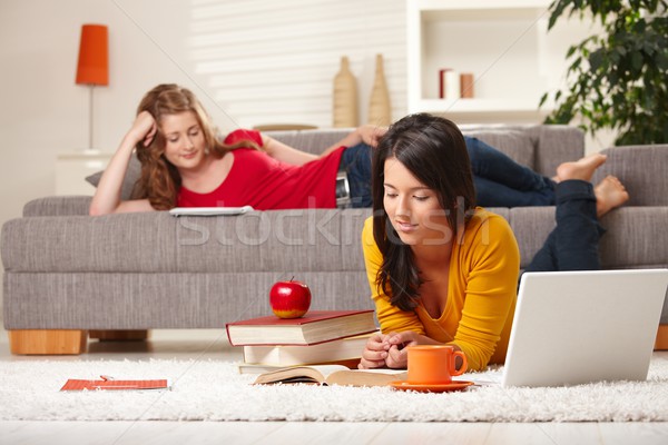 Tienermeisjes studeren home woonkamer sofa vloer Stockfoto © nyul