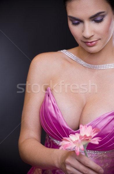 [[stock_photo]]: Rêvasser · belle · jeune · femme · pourpre · robe · de · soirée