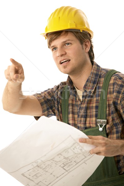 Beunruhigt Builder Grundriss halten Hinweis Problem Stock foto © nyul