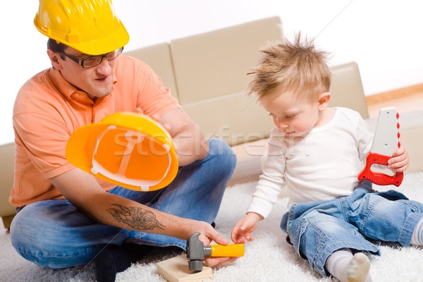 Stockfoto: Vader · kid · spelen · baby · jongen · bouw