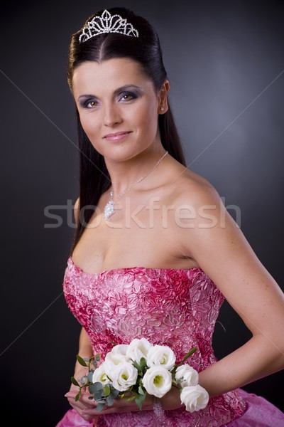 Stockfoto: Bruid · roze · portret · gelukkig · jonge · poseren