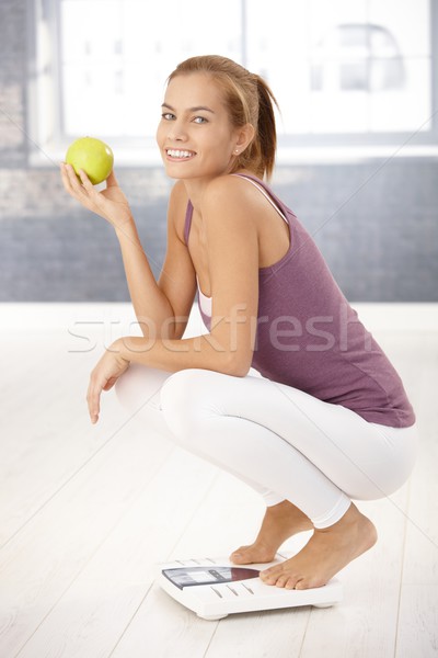 Foto stock: Menina · escala · maçã · retrato · feliz