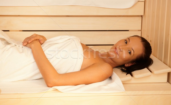 Szczęśliwy kobieta portret sauna relaks uśmiech Zdjęcia stock © nyul