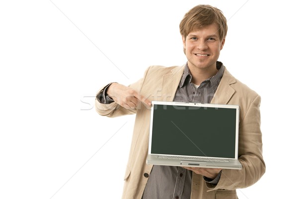 Stock fotó: Fiatalember · tart · laptop · képernyő · mosolyog · laptop · számítógép
