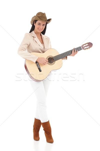 Stock fotó: Vonzó · nő · gitár · vonzó · fiatal · nő · játszik · mosolyog