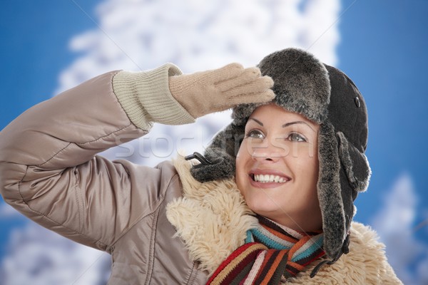 Stockfoto: Gelukkig · vrouw · winter · jonge · vrouw · sneeuw