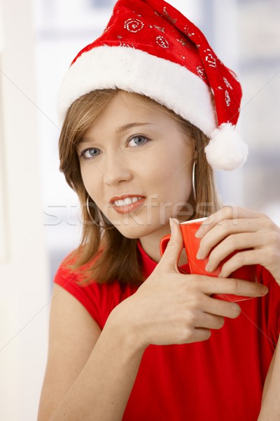 Foto stock: Retrato · mulher · jovem · papai · noel · seis · atraente