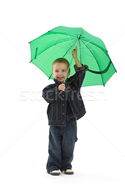 Foto d'archivio: Piccolo · ragazzo · ombrello · indossare · jeans