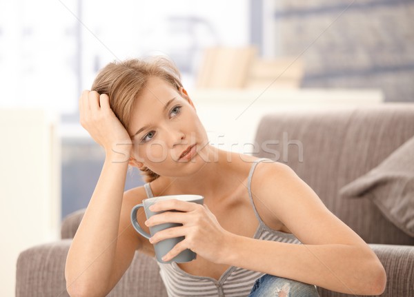 Problémás nő gondolkodik tea kéz ül Stock fotó © nyul