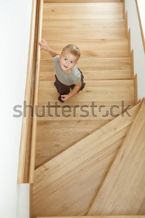 Peu garçon escaliers permanent visage Photo stock © nyul