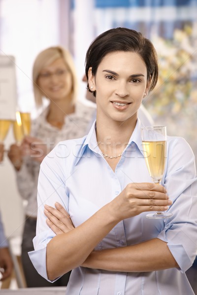 [[stock_photo]]: Portrait · femme · d'affaires · célébrer · travaux · succès · champagne