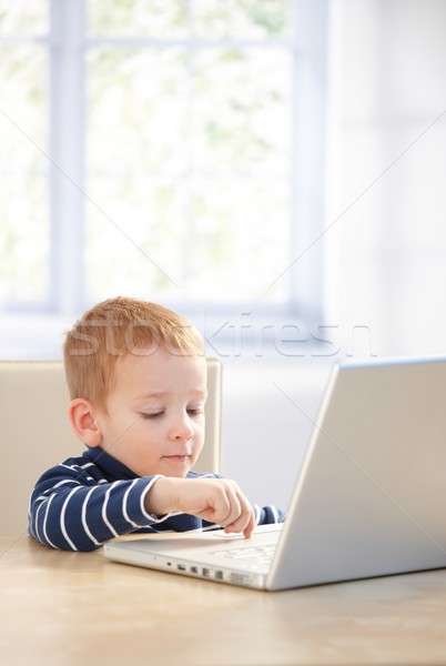 [[stock_photo]]: Utilisant · un · ordinateur · portable · maison · séance · table · sourire