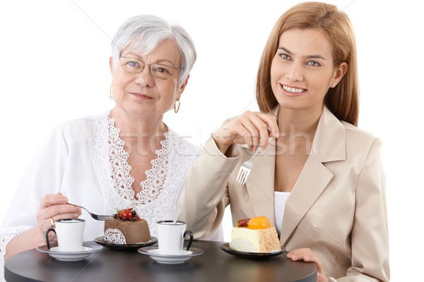 Stock fotó: Nagymama · leányunoka · kávé · ül · asztal · kávéház
