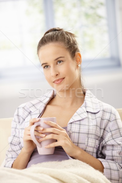Mooie vrouw ochtend thee vergadering sofa deken Stockfoto © nyul